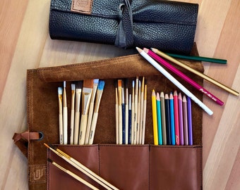 Handmade Leather Paint Brush and Pencil Roll Up Pouch