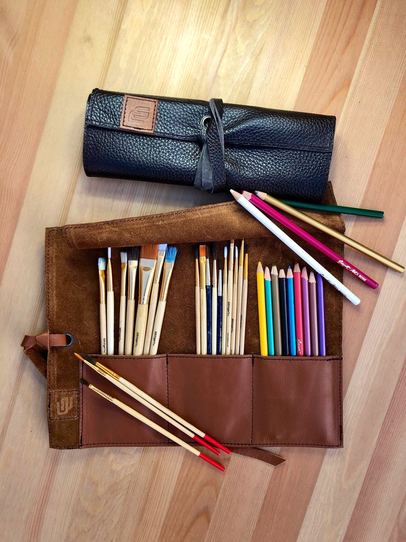 Pincel de cuero y rollo de lápiz, Porta pinceles, pincel y bolsa enrollable de lápiz, Rollo de artista, Estuche de lápiz de cuero imagen 1