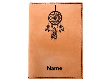 LEATHER PASSPORT COVER/personalized/passport holder/dreamcatcher/feathers/travel/engraved/tan/genuine leather/personalized/personalization