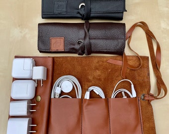 Handmade Leather Charger & Cable Organizer: Travel Cord Holder, Charger case for travel, Charger Holder and case made in USA