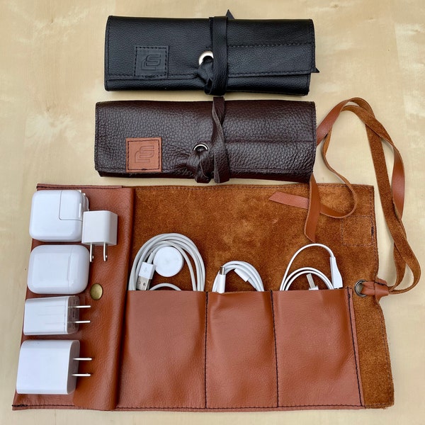 Leather charger & cable organizer, charger case, Travel Cable  and Charger Organizer, charger holder personalized, cable and cord organizer