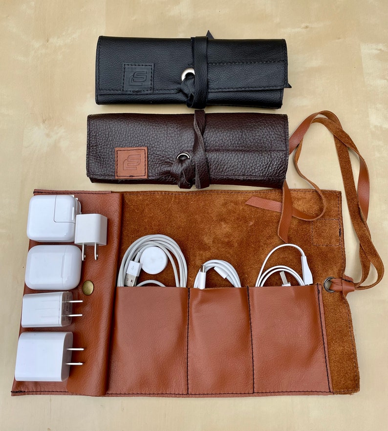 Leather charger & cable organizer, charger case, Travel Cable and Charger Organizer, charger holder personalized, cable and cord organizer image 1