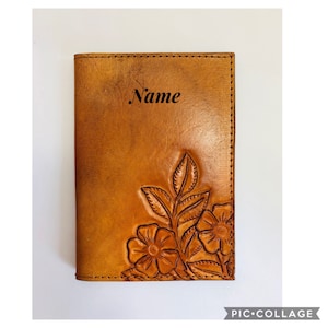 LEATHER PASSPORT COVER/passport holder/flower/flowers/carved/embossed/personalized/personalization