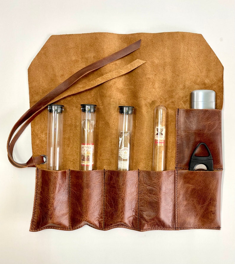 Genuine Leather Cigar Pouch, Cigar case, Organizer, Holder, Handmade, Personalized, Leather Cigar Accessories, Brown, Whiskey, Cigar Holder image 3