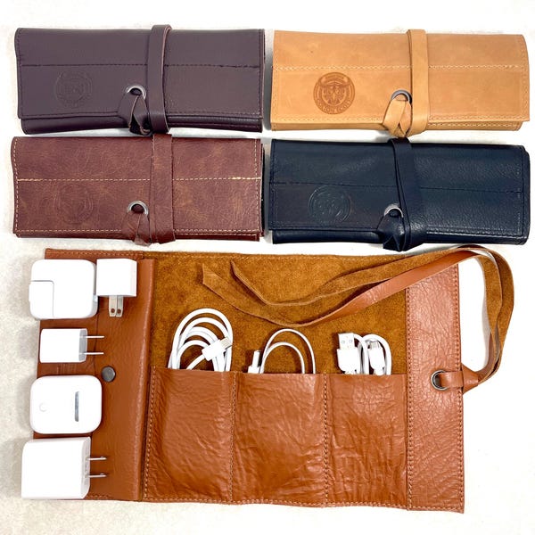 Organizador de cabos e carregador de couro feito à mão: estojo para viagem, fabricado nos EUA