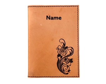 LEATHER PASSPORT COVER/personalized/passport holder/flowers/flower/travel/engraved/tan/genuine leather/personalized/personalization