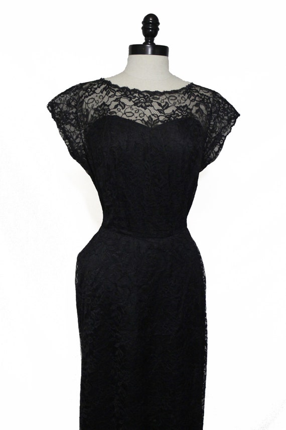 Vintage 1950's Black Lace Retro Evening Dress by … - image 1