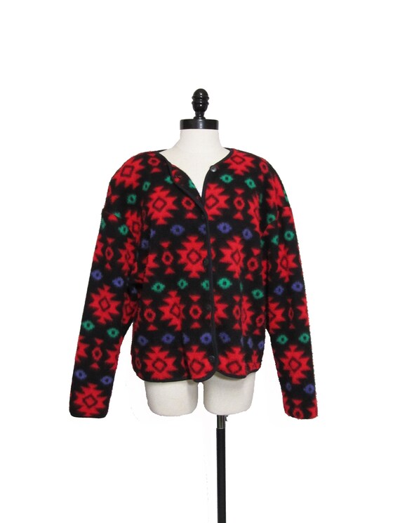 1990s Black Red Multi Color Native Fleece Cardigan