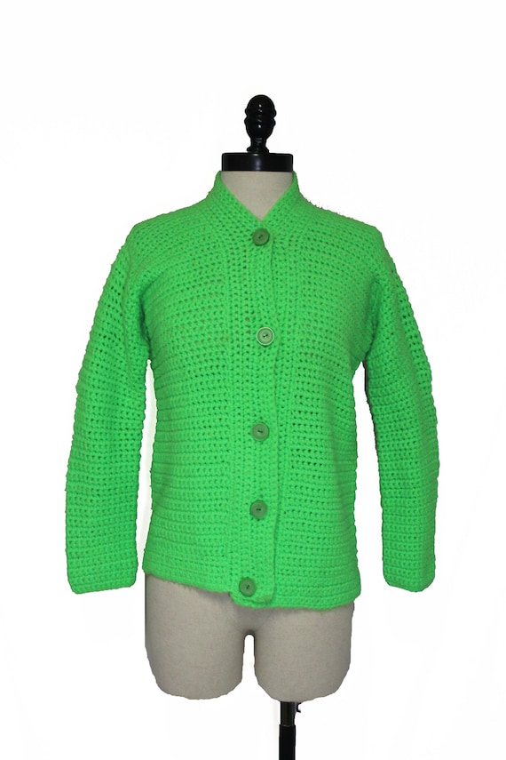 Vintage 70s Neon Lime Green Button Up Cardigan