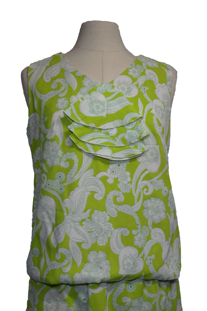Vintage Retro 60s Style Neon Floral Two Piece Blouse and Skirt Set
