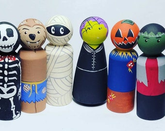 Halloween peg dolls,spooky wooden doll, handmade toys, wooden toys, witch doll, Halloween toy, Halloween doll