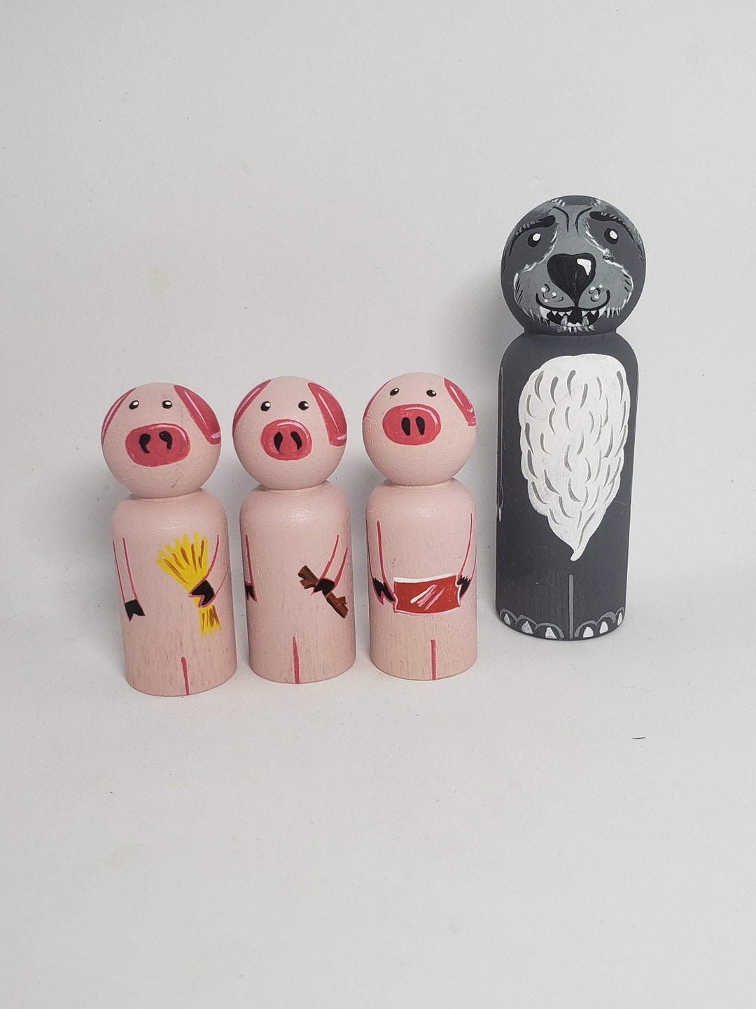 Big Bad Wolf and 3 Little Pigs Peg Doll, Fairy Tale Peg Dolls, Waldorf