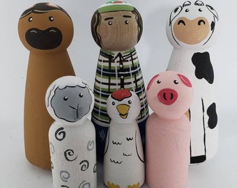 Hand painted farmer and farm animals,  Waldorf play,  handmade gift