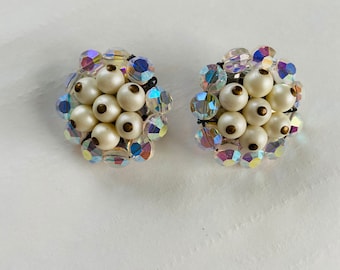 Vintage 1950’s flowers Denbe faux pearl cluster earrings, 1950-60's