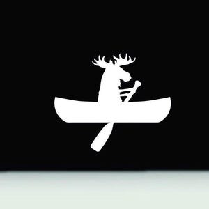 May include: A white silhouette of a moose paddling a canoe. The moose is sitting in the canoe and holding a paddle.