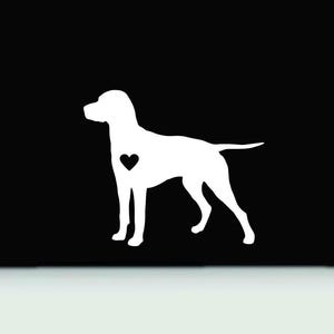 May include: A white silhouette of a dog with a heart shape in the center of its body, set against a black background. The dog is standing in profile, with its tail extended. The image is a simple, graphic design.