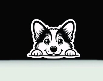 May include: A black and white illustration of a Corgi dog's face, with large eyes and a smiling expression. The dog's paws are visible, resting on a white surface. The background is black.