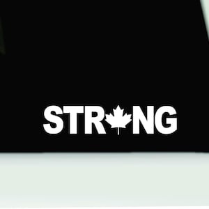 May include: White vinyl decal featuring the word "STRONG" in a bold, sans-serif font. The "O" is replaced with a white maple leaf. The decal is set against a black background.