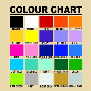 May include: A color chart featuring a grid of twenty-five distinct colored squares, each labeled with its corresponding name in black text. The colors include black, white, red, orange, pastel orange, yellow, brimstone yellow, purple, lavender, lilac, pink, soft pink, cobalt blue, brilliant blue, gentian, light blue, turquoise, mint, forest green, green, lime green, grey, light grey, metallic gold, and metallic silver.