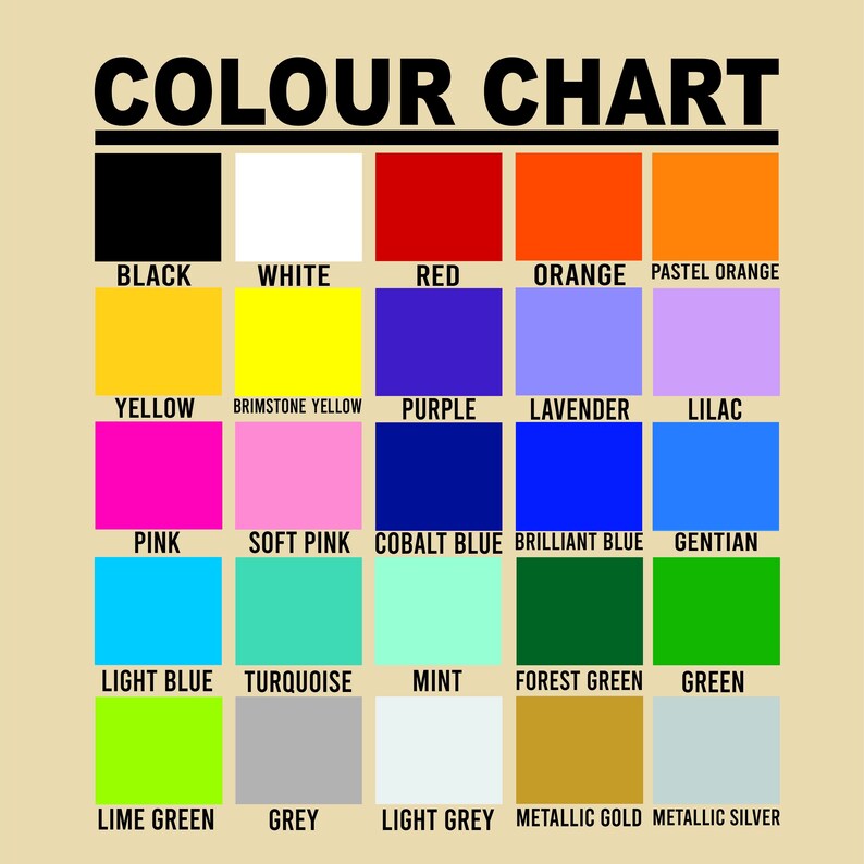 May include: A color chart featuring a grid of twenty-five distinct colored squares, each labeled with its corresponding name in black text. The colors include black, white, red, orange, pastel orange, yellow, brimstone yellow, purple, lavender, lilac, pink, soft pink, cobalt blue, brilliant blue, gentian, light blue, turquoise, mint, forest green, green, lime green, grey, light grey, metallic gold, and metallic silver.