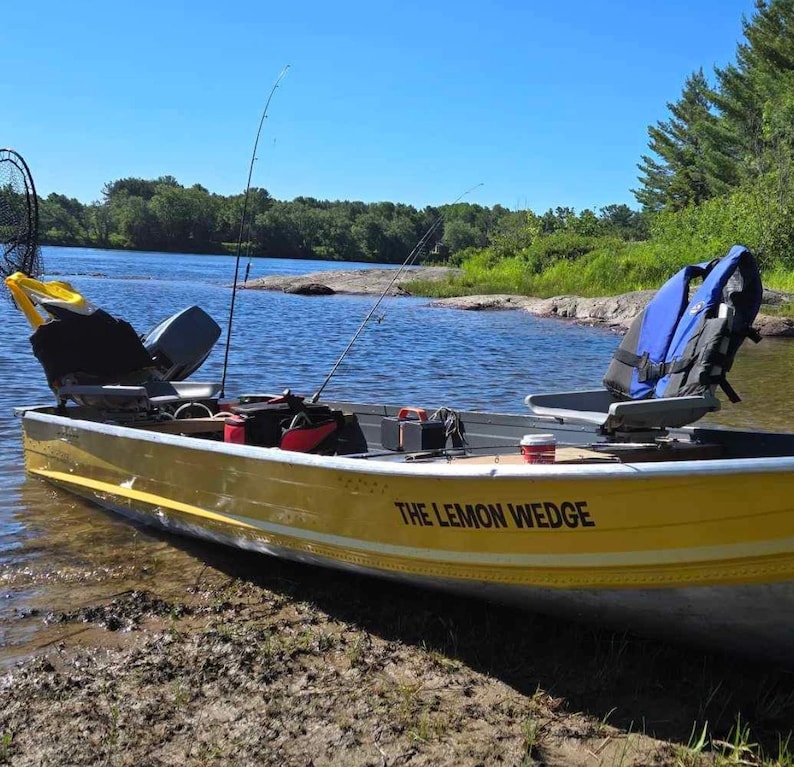 May include: A yellow aluminium fishing boat named THE LEMON WEDGE with two grey swivel seats, a blue life vest, two fishing rods, and a black motor. The boat is resting on a muddy shoreline next to a body of water under a clear blue sky.