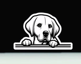 May include: A black and white graphic of a Labrador Retriever dog peeking over a horizontal bar. The dog's head and paws are visible, with a detailed outline and a friendly expression. The background is solid black.