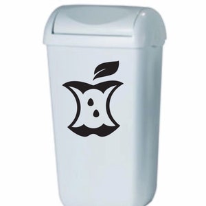 May include: White plastic bin with a black apple core sticker. The sticker has a leaf and seeds.