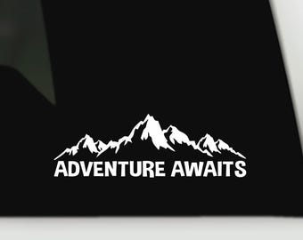 Adventure Awaits Waterproof Mountain Vinyl Decal Window Bumper Sticker