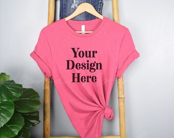 Bella Canvas 3001 Mockup | Heather Raspberry Shirt, Hanging Boho Model Mockup