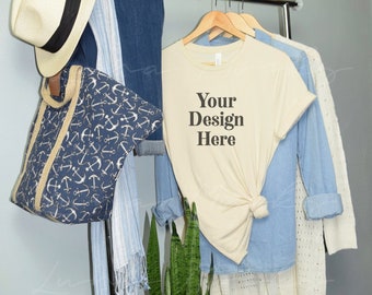 Bella Canvas 3001 Soft Cream Mockup | Hanging T-Shirt Mockup