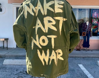 Vintage Army Jacket Hand Painted graffiti in metallic gold