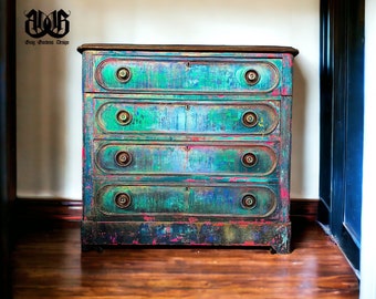 Vintage Hand Painted Drippy Patina 4 Drawer Dresser / Painted Furniture/ Home Decor