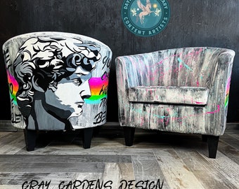 SOLD | Do NOT Purchase | Example | Graffiti Glam Rainbow Michelangelo’s David Vegan Leather Painted Barrel Chairs / Luxury Furniture