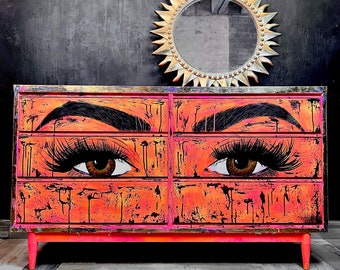 SOLD | Do NOT Purchase | Example | Graffiti Pop Grunge Glam Neon Eyes Hand Painted Furniture Art Boho 6 Drawer Vintage Dresser