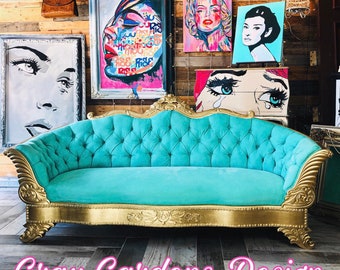 SOLD | Do NOT Purchase | Example | Large Glamorous Hand Painted Bohemian Gold and Turquoise / Aqua Victorian Sofa