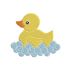 May include: A yellow rubber ducky with a small orange beak and black eyes, floating on a bed of blue bubbles.