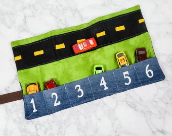 Montessori Travel Play Mat Carrier With Storage For Matchbox Toy Cars, Gift for Grandson