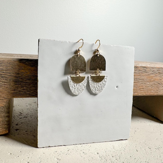 White Oval Brass Leather Earrings | Semi Circle Brass & Leather Earrings | Statement Earrings | Eco-Friendly Jewelry for All Occasions