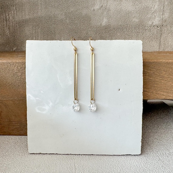 Minimalist Brass Bar Earrings with Crystal Drop | Lightweight Hypoallergenic Earrings | Modern Elegant Jewelry for Everyday Occasions