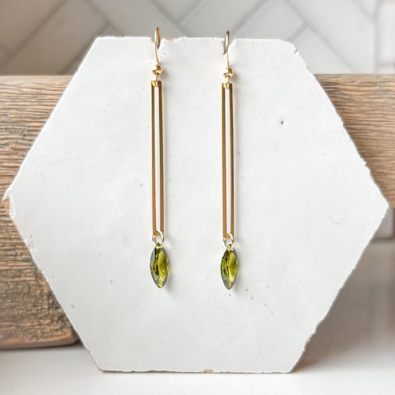 Minimalist Brass Bar Earrings with Green Crystal  | Lightweight Hypoallergenic Earrings | Modern Elegant Jewelry for Everyday Occasions