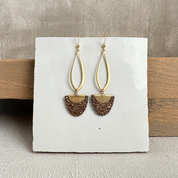 Chandelier Leather Earrings | Leather & Brass Drop Earrings |  Brown Leather Earrings| Semi Circle Earrings | Hypoallergenic Jewelry