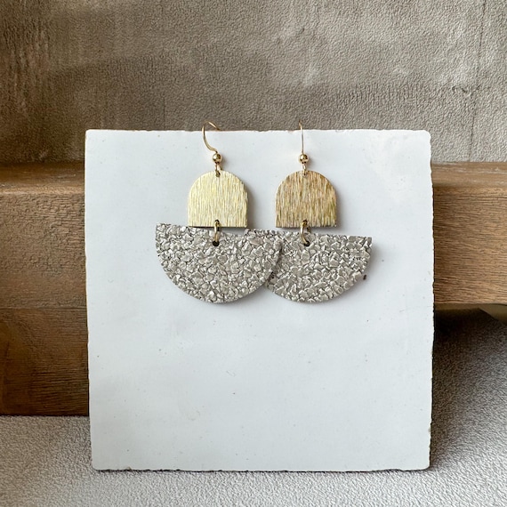Large Semi Circle Silver Leather Brass Earrings | Handcrafted Semicircle Statement Earrings | Minimalist Boho Jewelry