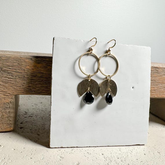 Handcrafted Brass Circle Drop Earrings | Black Crystal Teardrop & Textured Brass | Lightweight Statement Jewelry