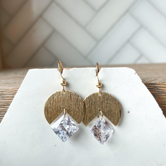 Handcrafted Brass Circle Drop Earrings | Crystal Teardrop & Textured Brass | Lightweight Statement Jewelry