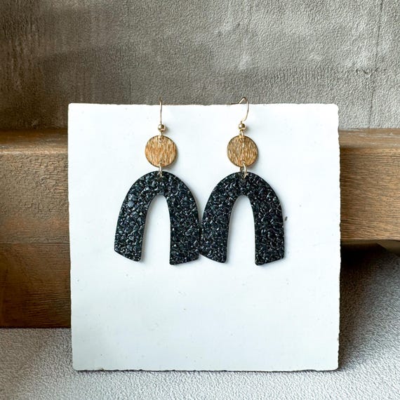Black Leather Textured Arch Earrings | Black Leather & Brass | Statement Minimalist Jewelry