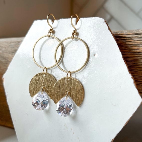 Handcrafted Brass Circle Drop Earrings | Crystal Teardrop & Textured Brass | Lightweight Statement Jewelry