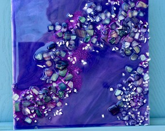 Fluorite & Purple Glass Resin Art | 8" x 8" Crystal‑Infused Panel