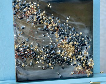 Obsidian & Clear Quartz Resin Art 10x10