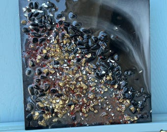 Obsidian & Clear Quartz Resin Art 8x8