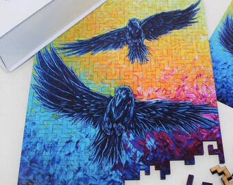 Colorful Crows Wooden Puzzle - 173 Piece Unique Wood Jigsaw for Adults - Original Geometric Laser Cut Design